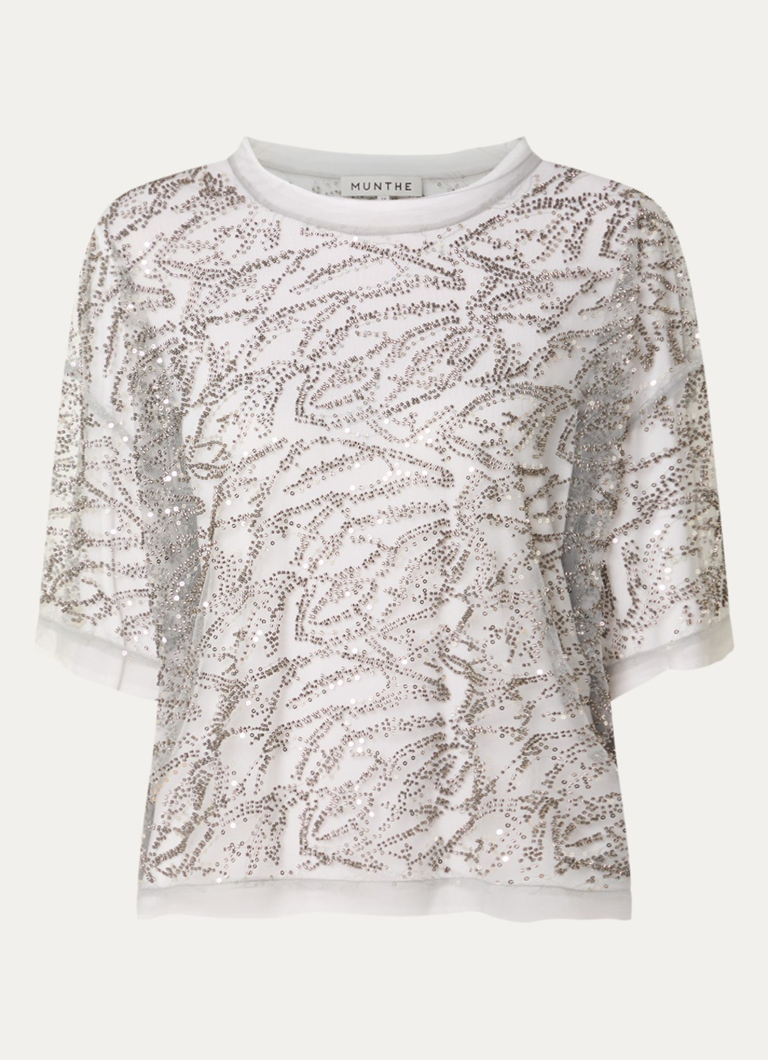MUNTHE Vun semi-transparante top van mesh met pailletten en strass - voorkant 3 zilver