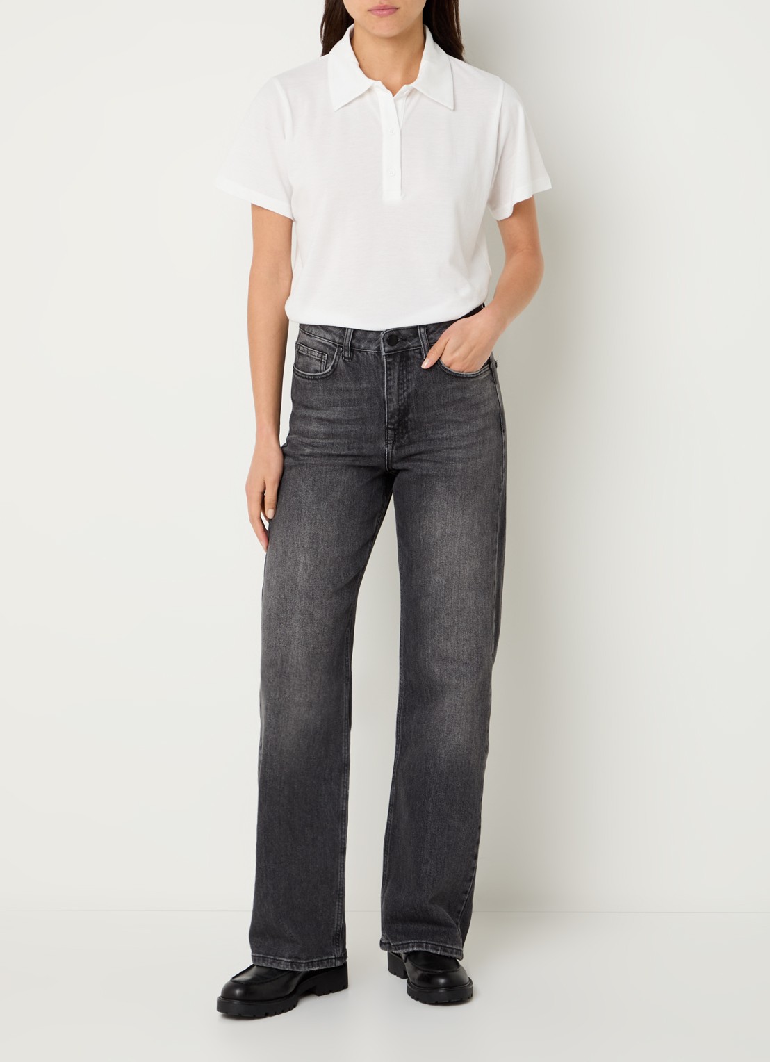 My Essential Wardrobe 35 The Louis high waist wide leg jeans met steekzakken - voorkant 2 donkergrijs