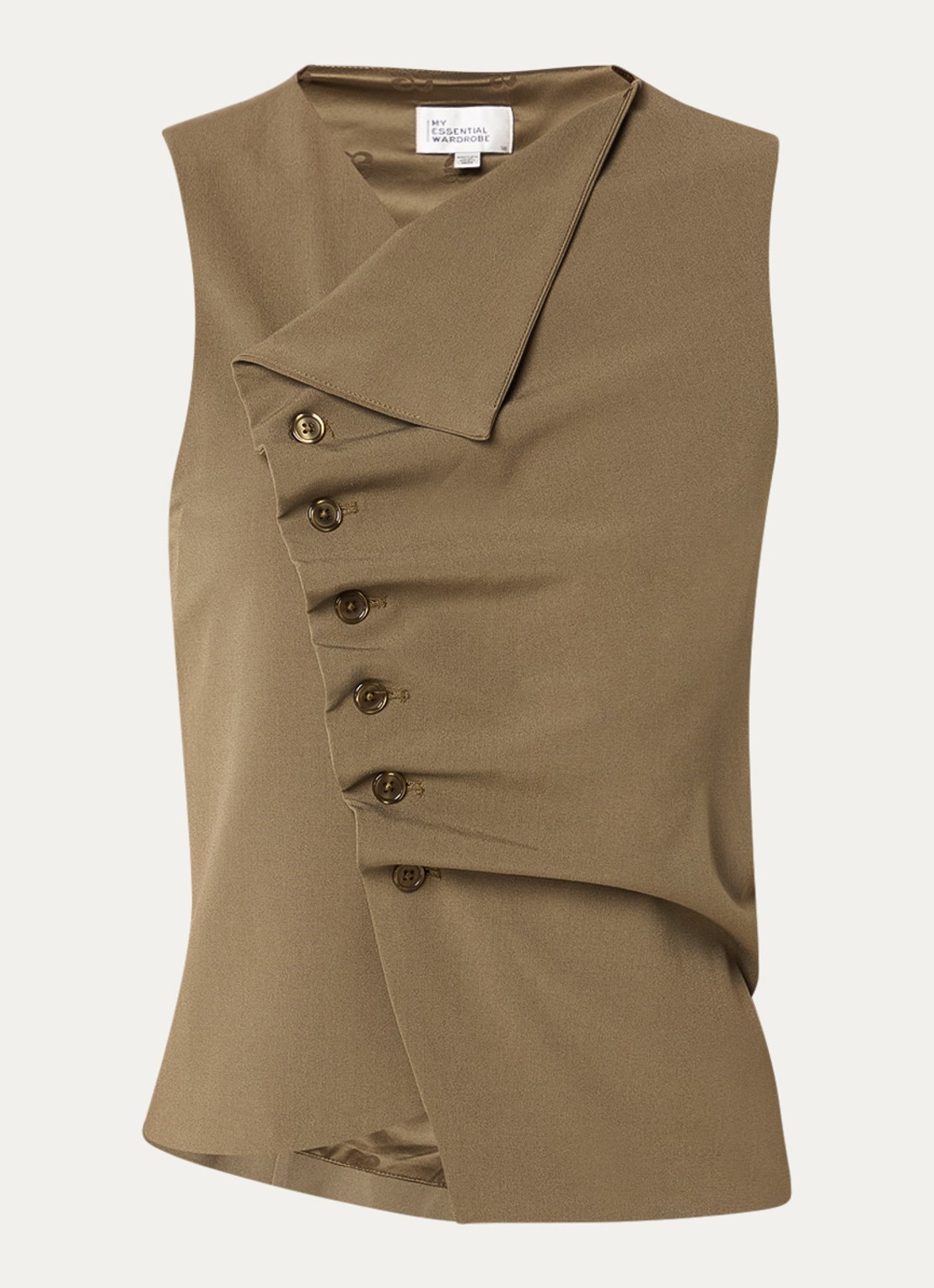 My Essential Wardrobe Hace gilet met asymmetrische hals en plooidetail - voorkant 2 olijfgroen