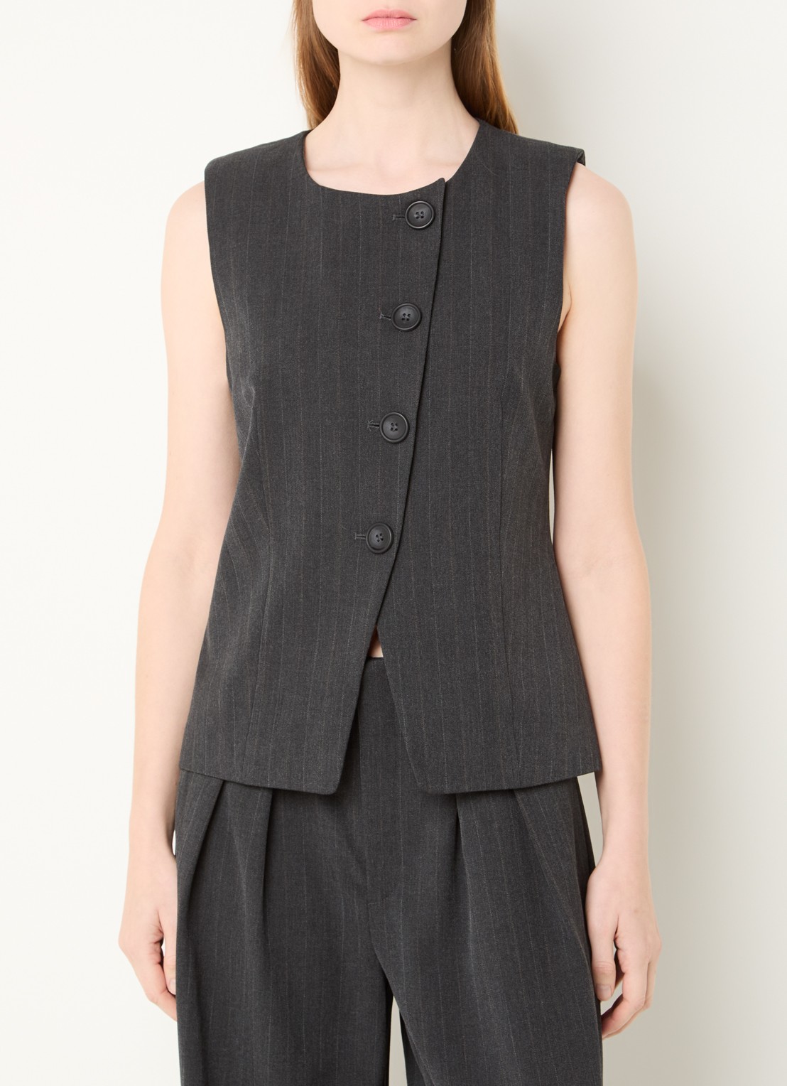 My Essential Wardrobe Luna gilet met krijtstreep en asymmetrisch detail - detail 2 donkergrijs