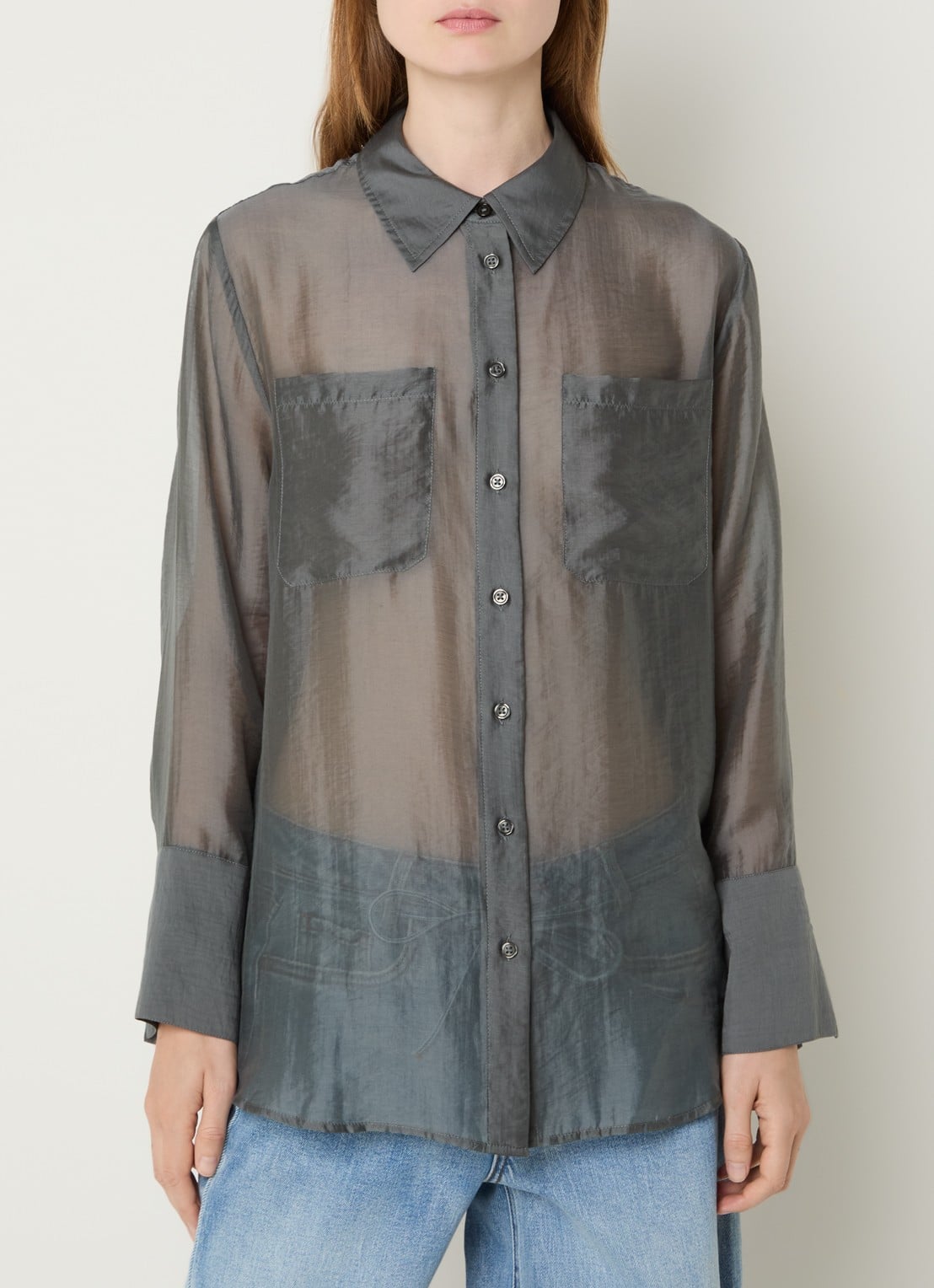 My Essential Wardrobe Smilla semi-transparante blouse met borstzakken - detail grijs