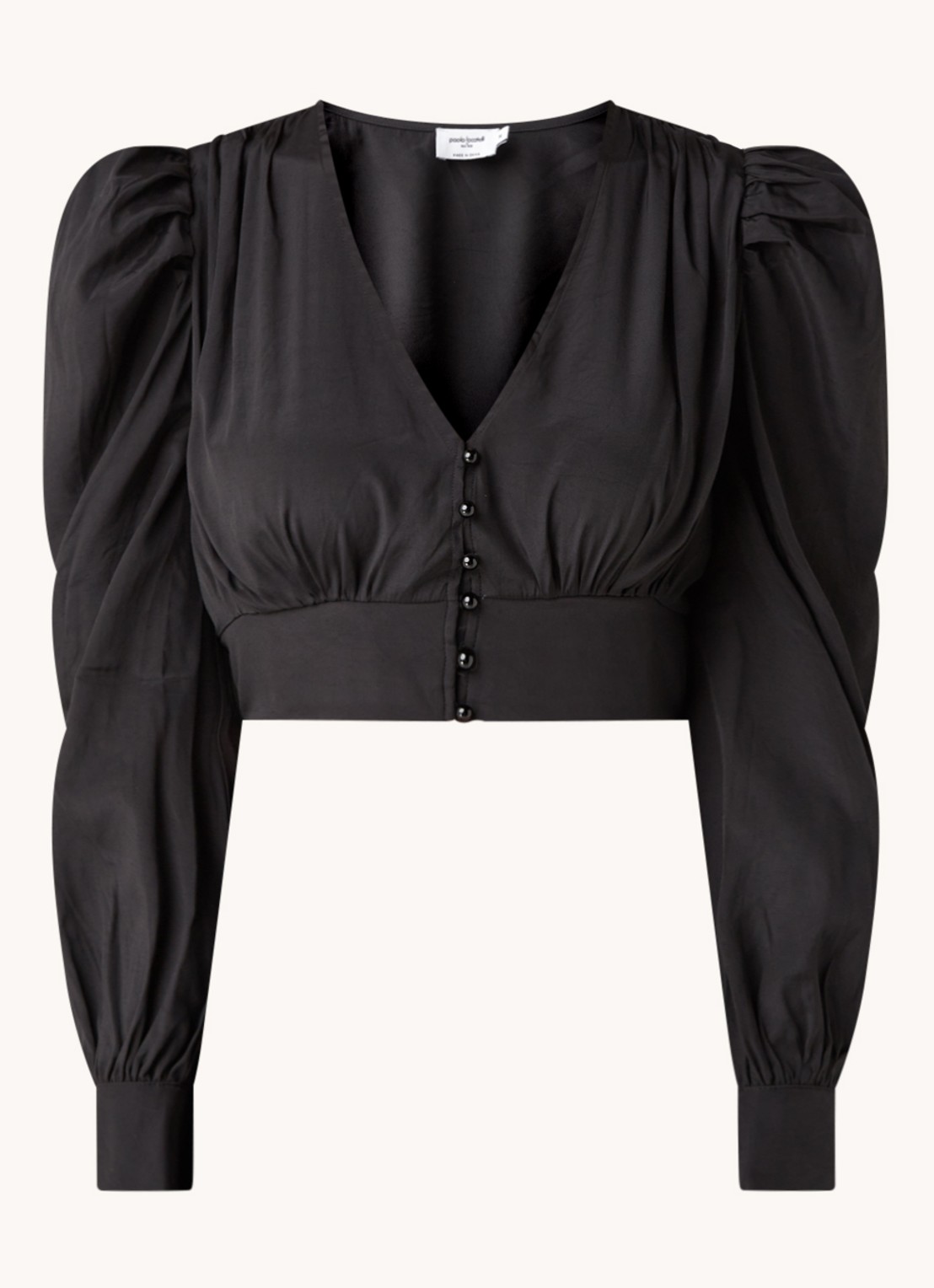 NA-KD Cropped blouse van satijn met ballonmouw - voorkant zwart
