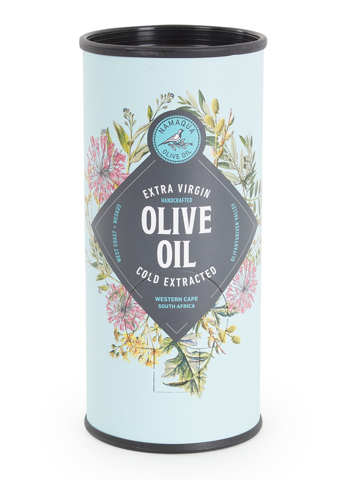 Namaqua Olives & Olive Oil Extra vierge olijfolie 1 liter - voorkant lichtblauw