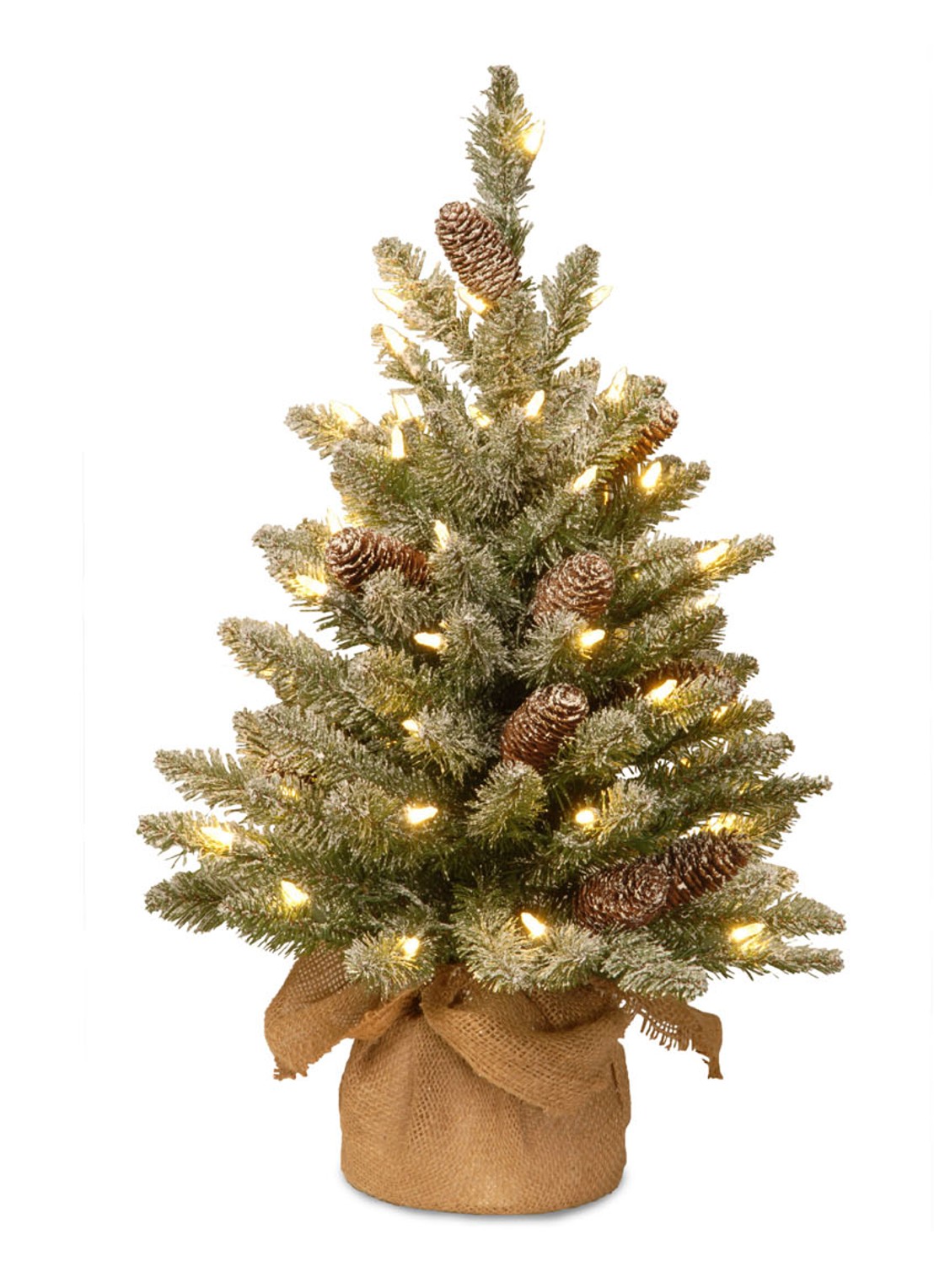 National Tree Company Snowy Burlap mini kunstkerstboom net sneeuw, dennenappels en LED-verlichting 61 cm - voorkant groen
