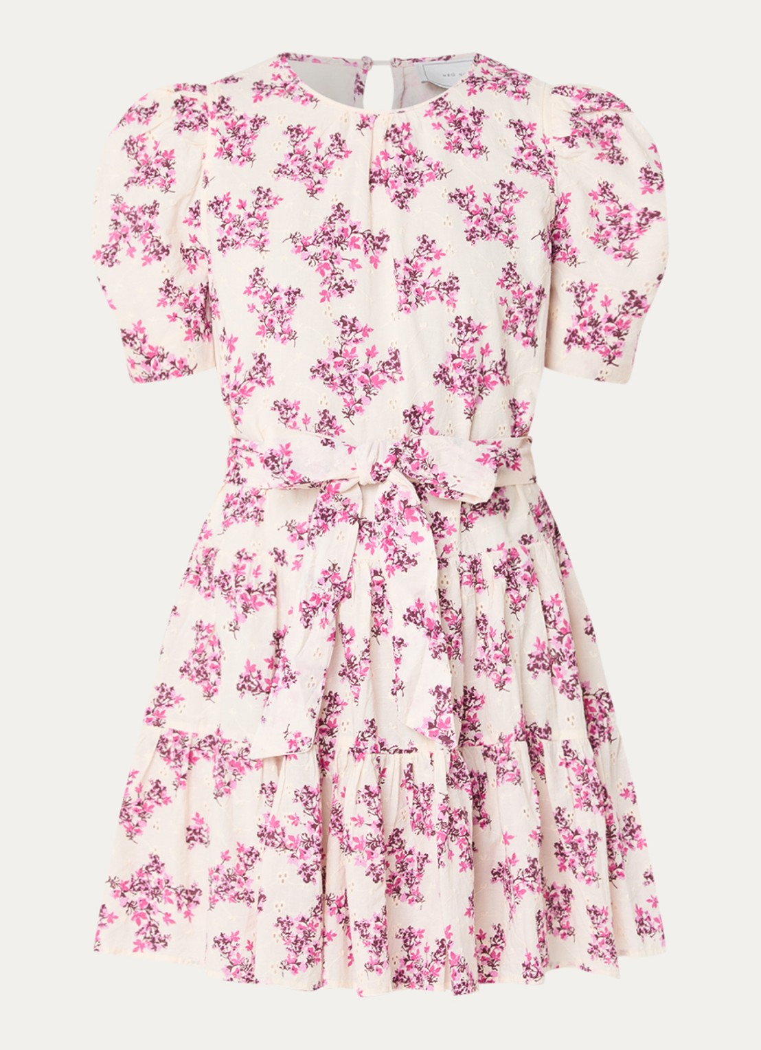 Neo Noir Annitas Starling mini jurk met bloemenprint en pofmouw - voorkant 3 fuchsia