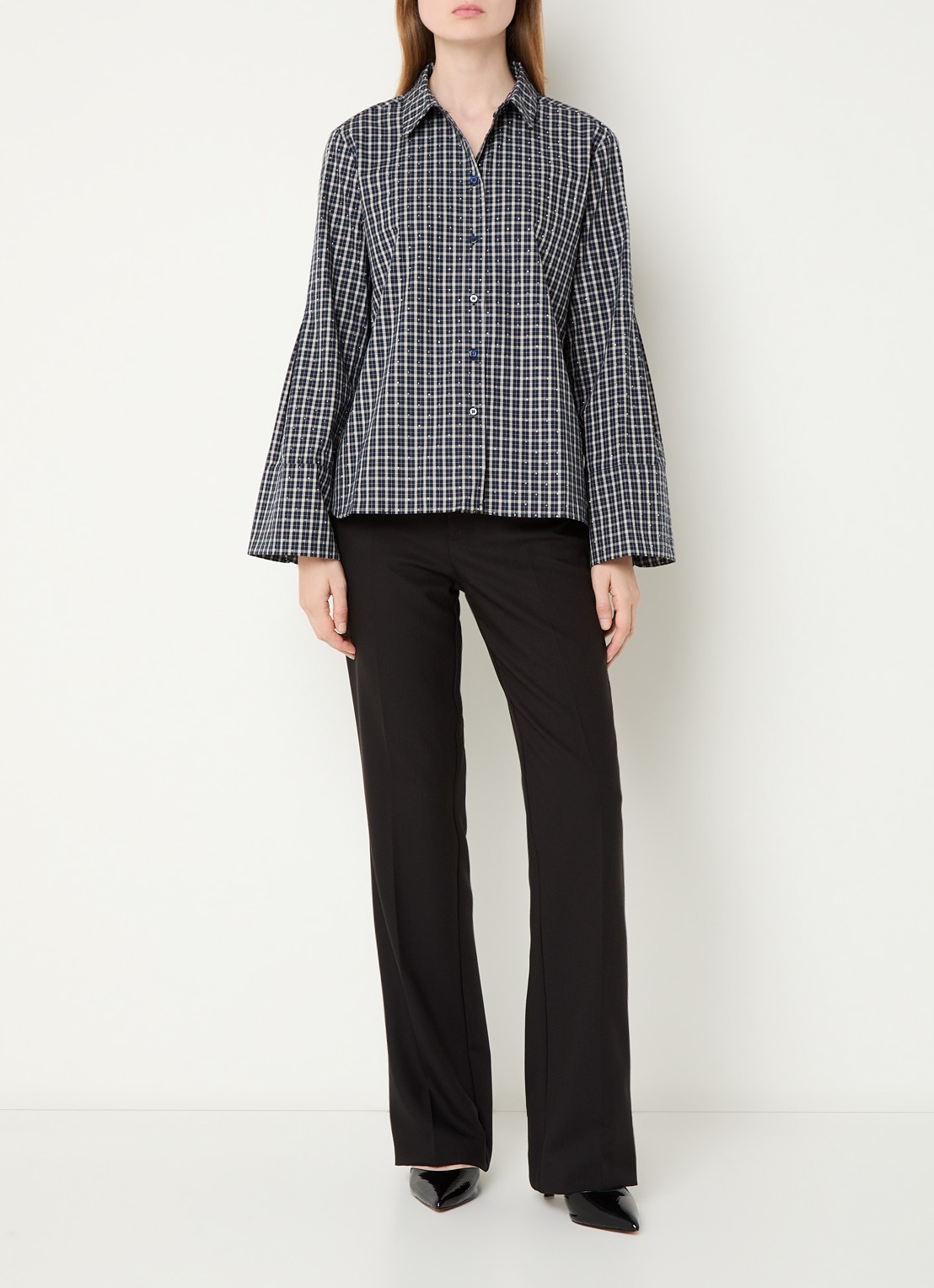 Neo Noir Bedaz blouse met ruitdessin en pailletten - voorkant 3 donkerblauw
