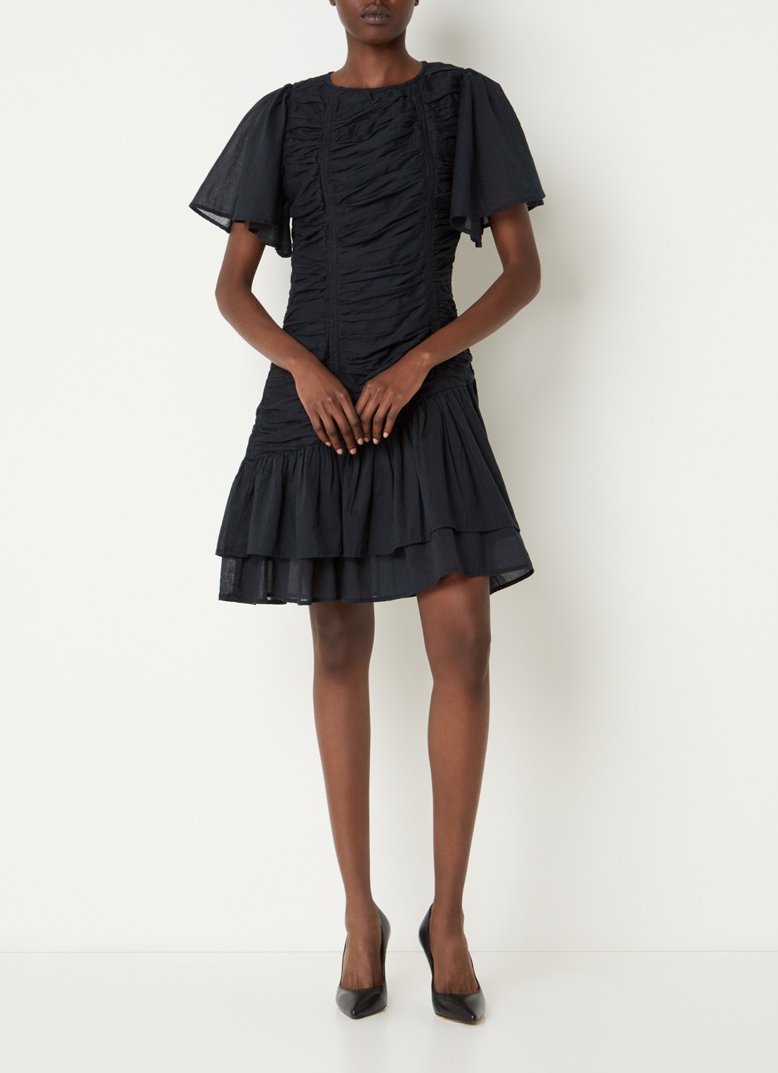 Neo Noir Circle S mini jurk met ruches en vlindermouw - voorkant 4 donkerblauw