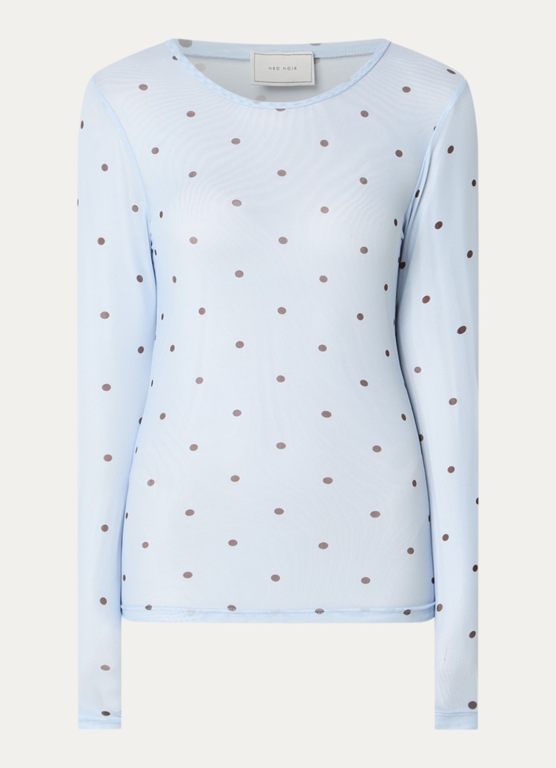 Neo Noir Ella Space semi-transparante top van mesh met stippenprint - voorkant lichtblauw
