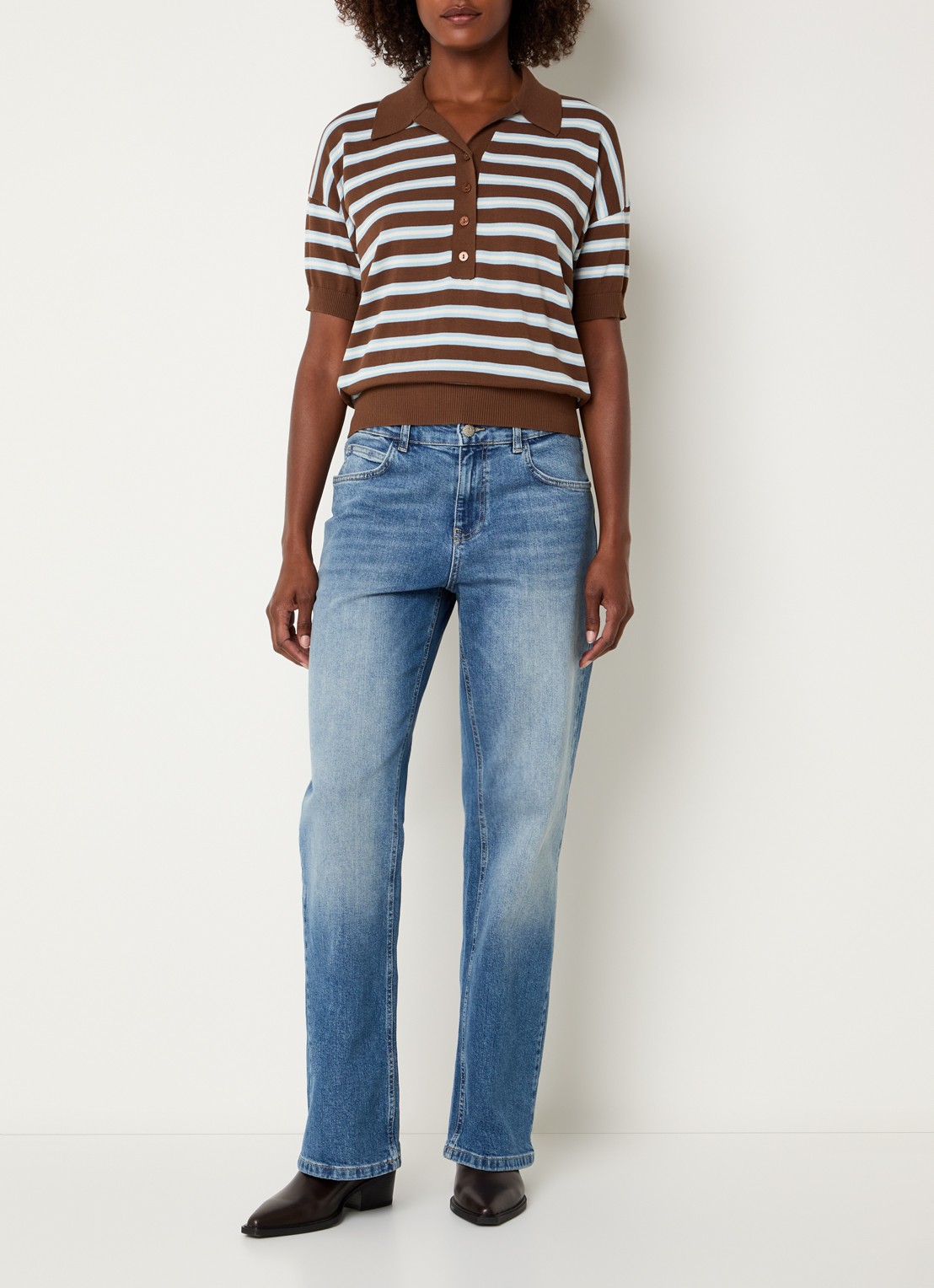 Neo Noir Emira polo met streepprint - voorkant 2 cognac
