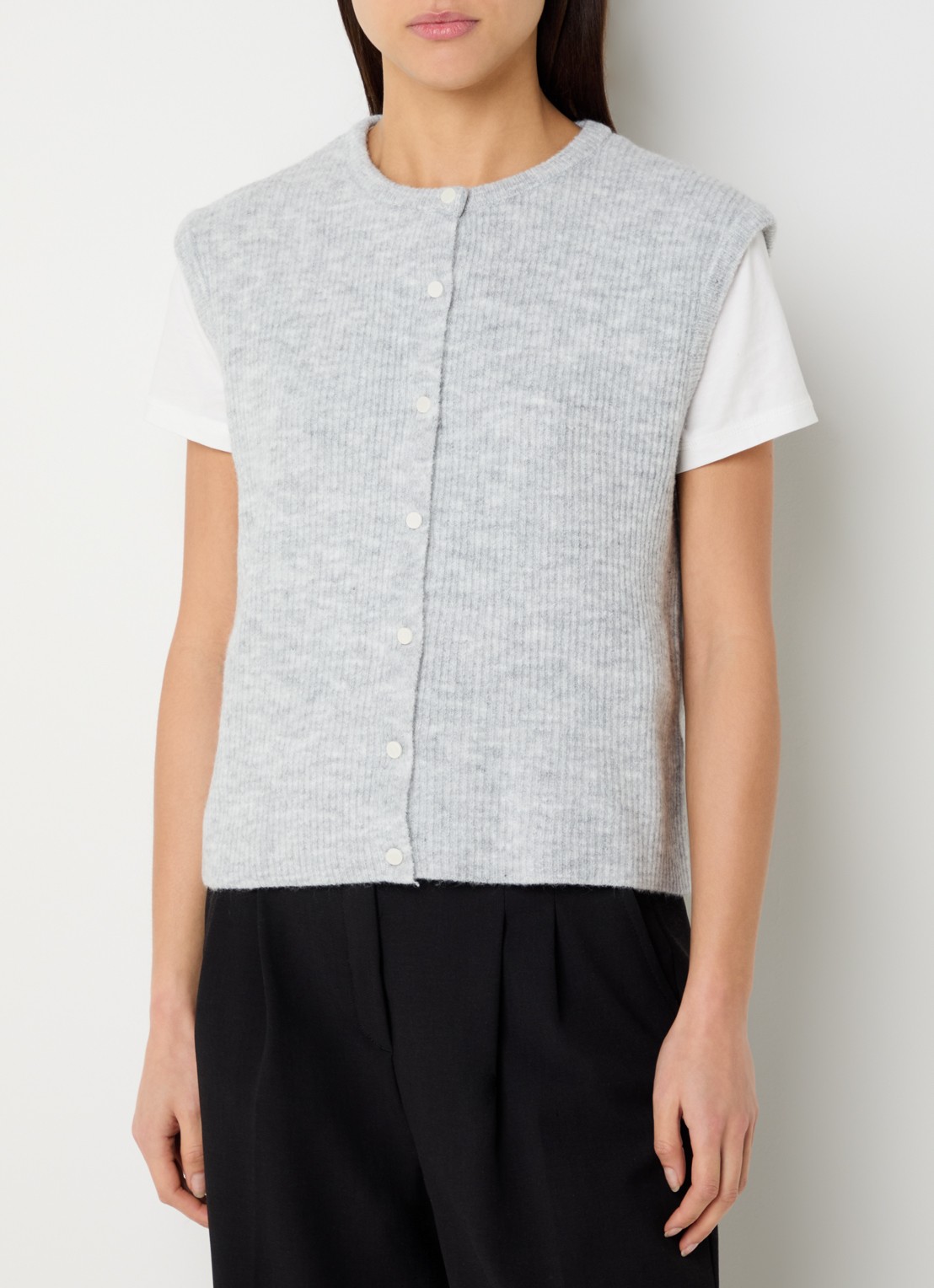 Neo Noir Everest ribgebreid gilet met ronde hals - detail lichtgrijs