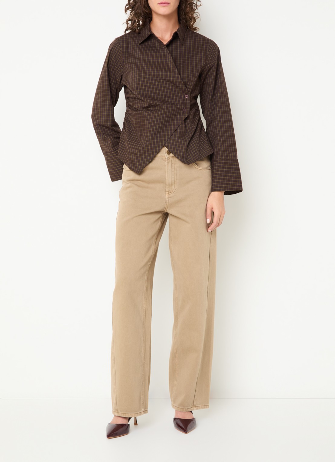Neo Noir Fenli blouse met ruitdessin en asymmetrisch detail - voorkant 2 aubergine