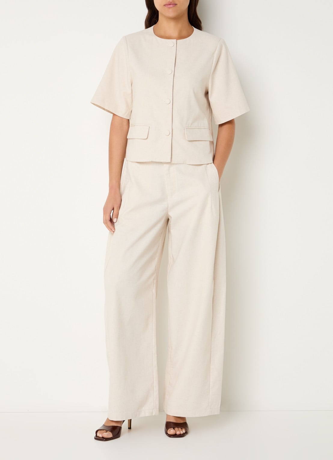 Neo Noir High waist wide fit broek in linnenblend met steekzakken - voorkant 2 gebroken wit