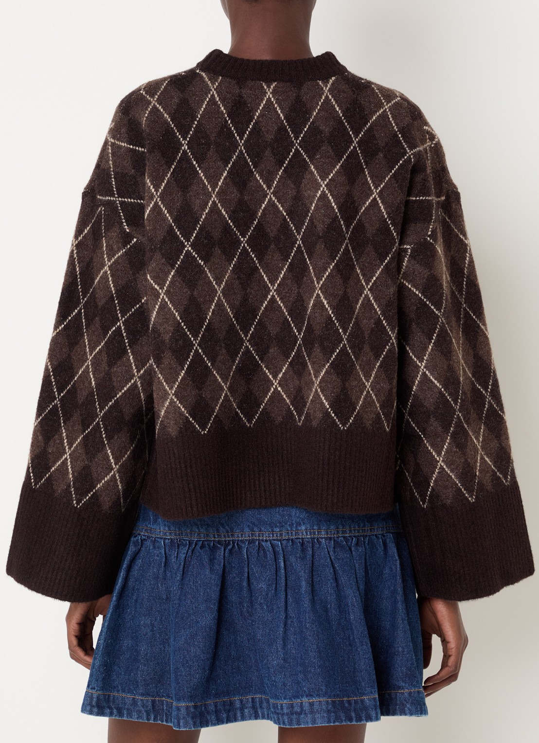 Neo Noir Kick fijngebreide pullover in wolblend met ruitdessin - achterkant 4 donkerbruin