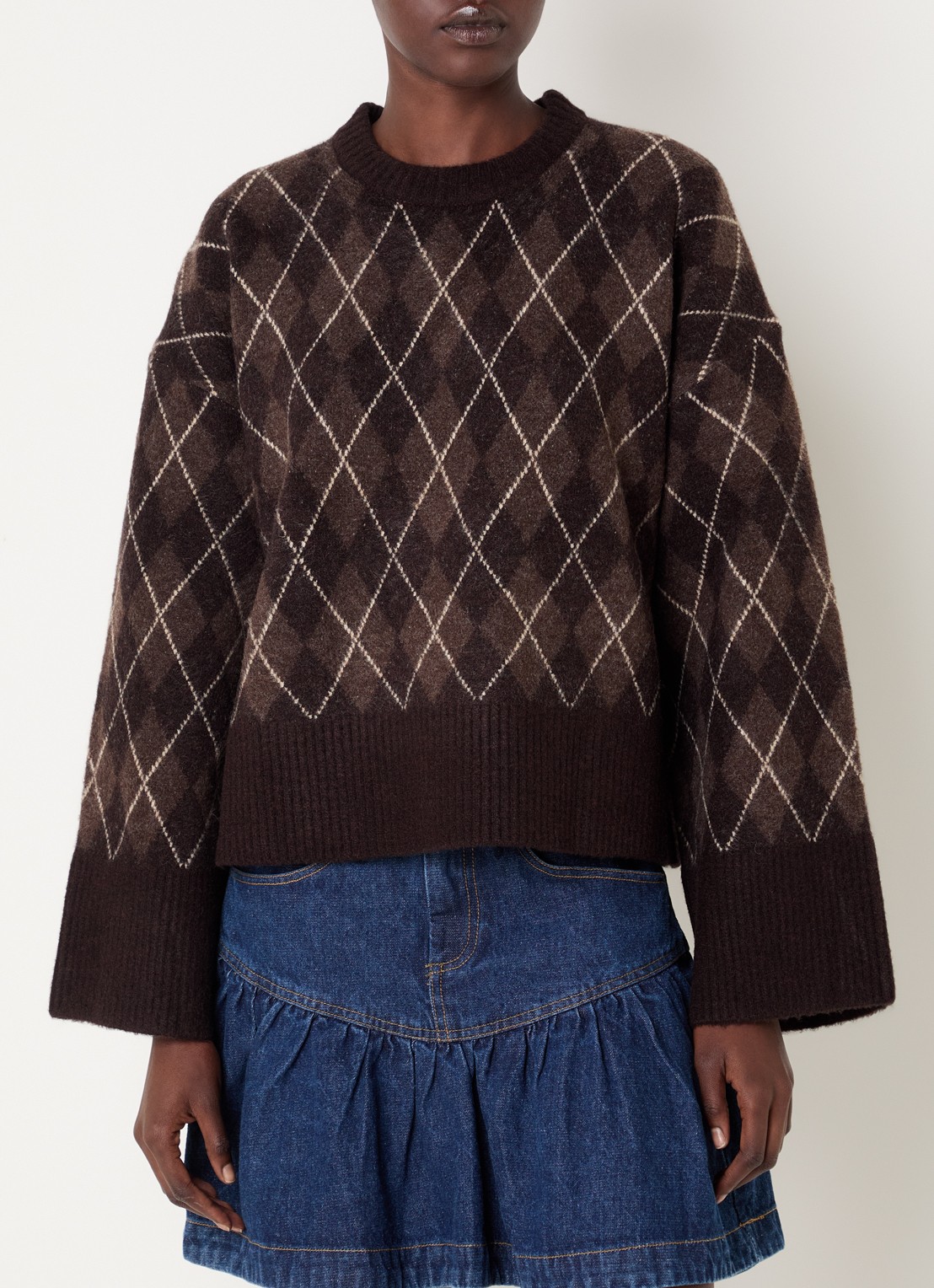 Neo Noir Kick fijngebreide pullover in wolblend met ruitdessin - detail 3 donkerbruin