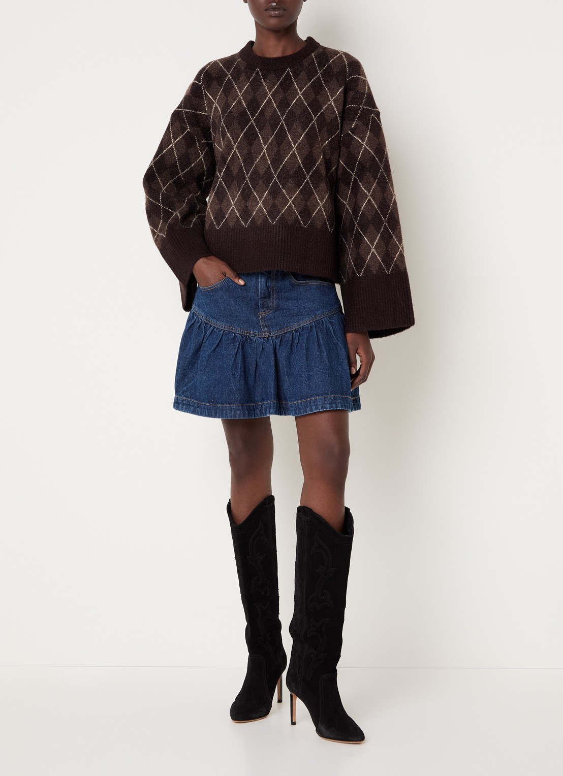 Neo Noir Kick fijngebreide pullover in wolblend met ruitdessin - voorkant 2 donkerbruin