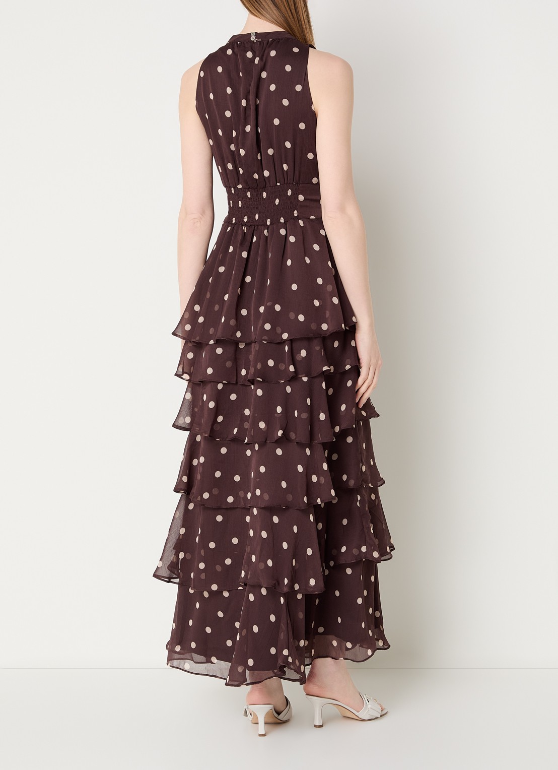 Neo Noir Marli maxi jurk met stippenprint en volants - achterkant donkerbruin