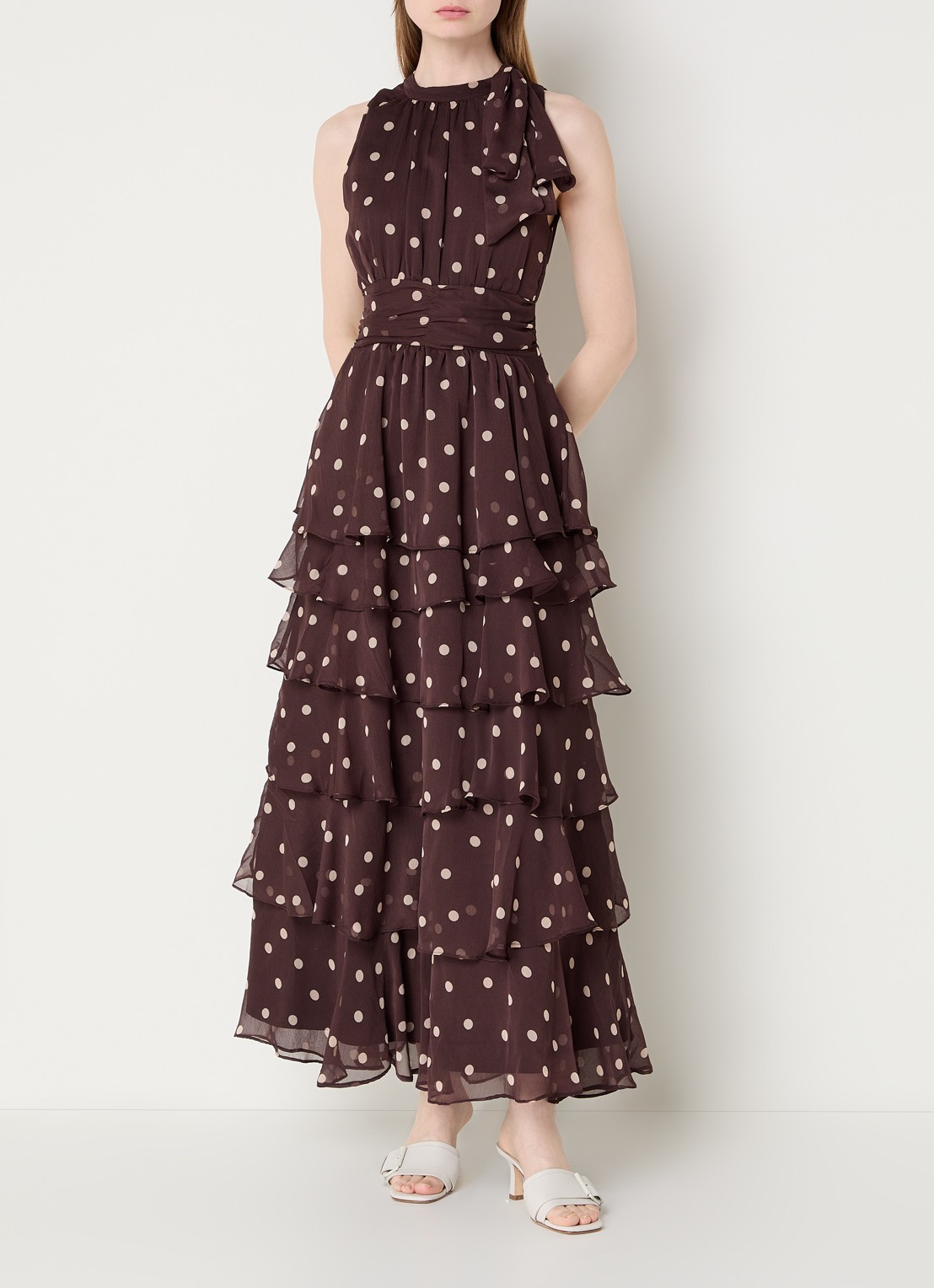 Neo Noir Marli maxi jurk met stippenprint en volants - detail 2 donkerbruin