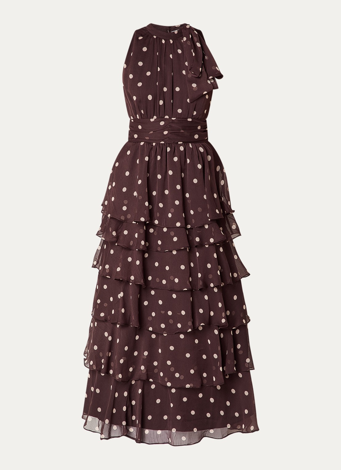 Neo Noir Marli maxi jurk met stippenprint en volants - voorkant 3 donkerbruin