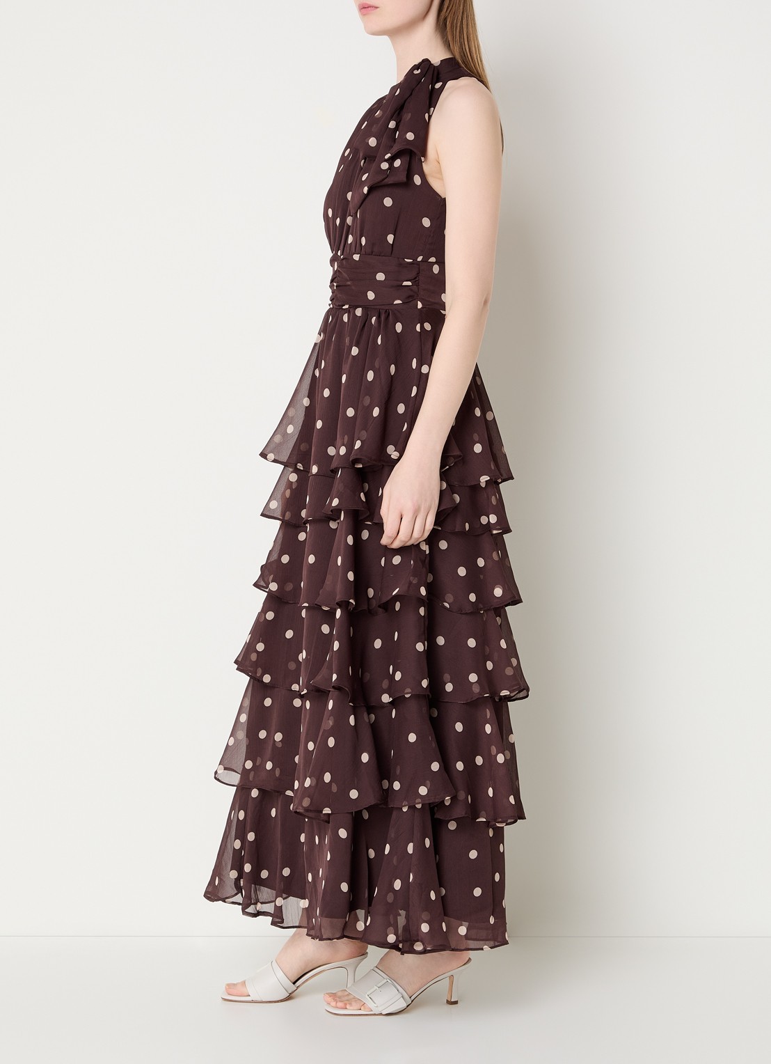 Neo Noir Marli maxi jurk met stippenprint en volants - voorkant 4 donkerbruin