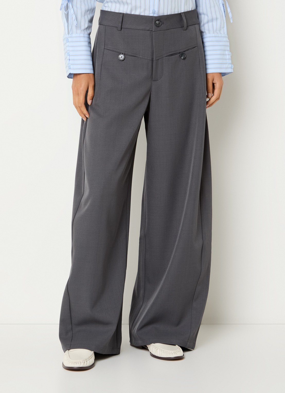 Neo Noir Massie mid waist wide fit pantalon met structuur - detail 3 donkergrijs