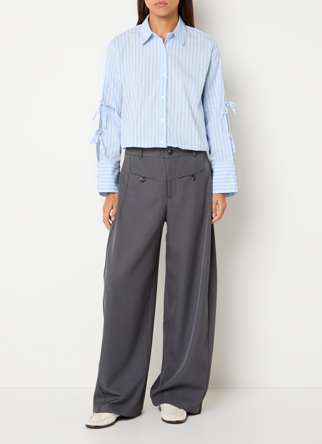 Neo Noir Massie mid waist wide fit pantalon met structuur - voorkant 2 donkergrijs
