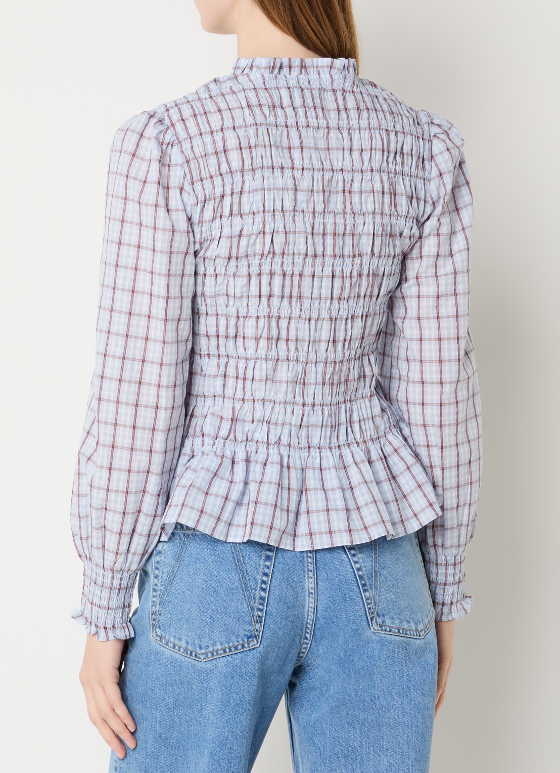 Neo Noir Mocca blouse met smockwerk en ruitdessin  - achterkant 4 lichtblauw