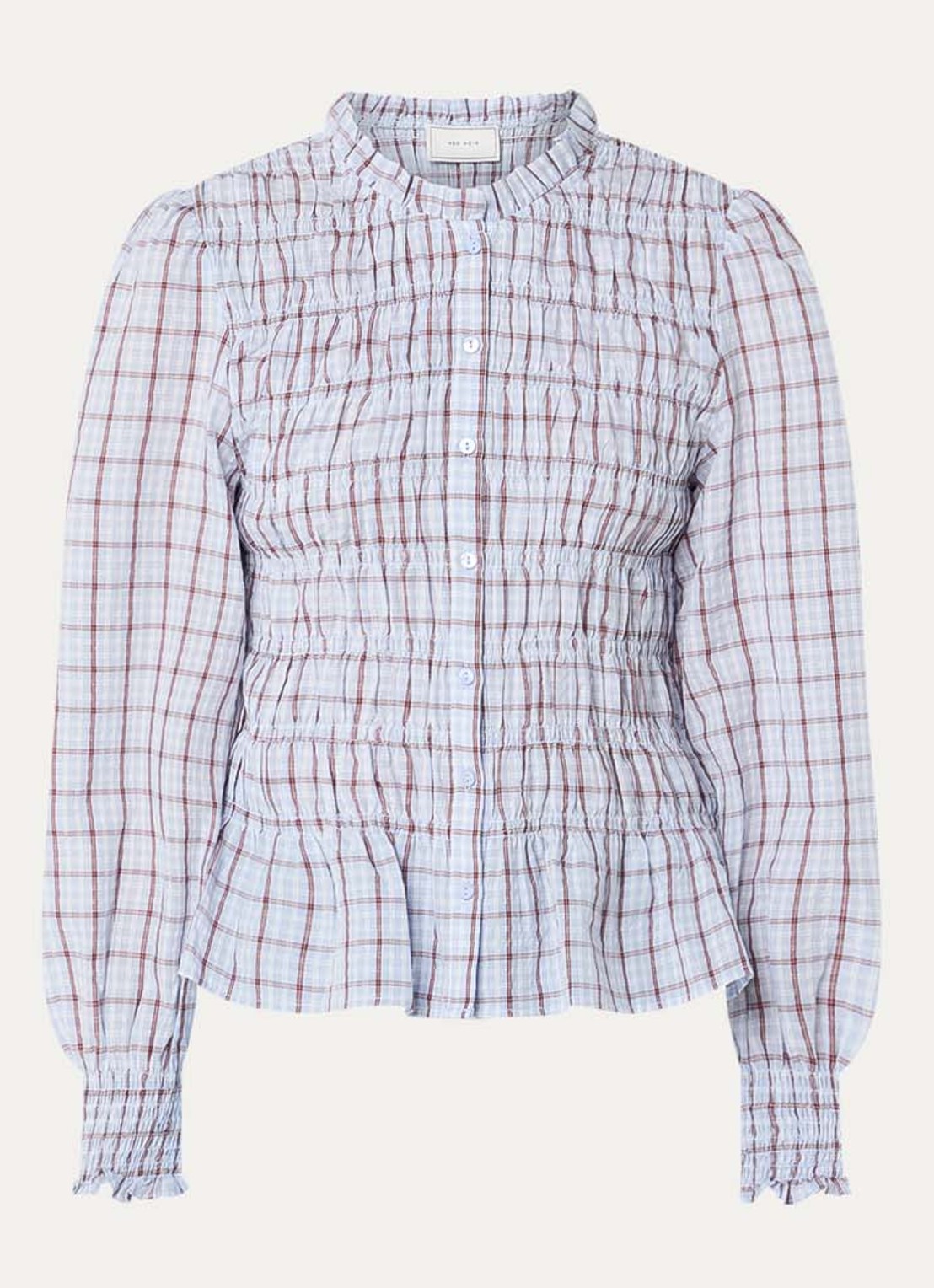 Neo Noir Mocca blouse met smockwerk en ruitdessin  - voorkant lichtblauw
