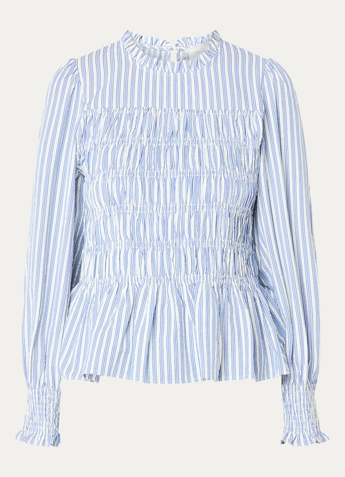 Neo Noir Possa tuniek met smockwerk en streepprint - voorkant 3 lichtblauw