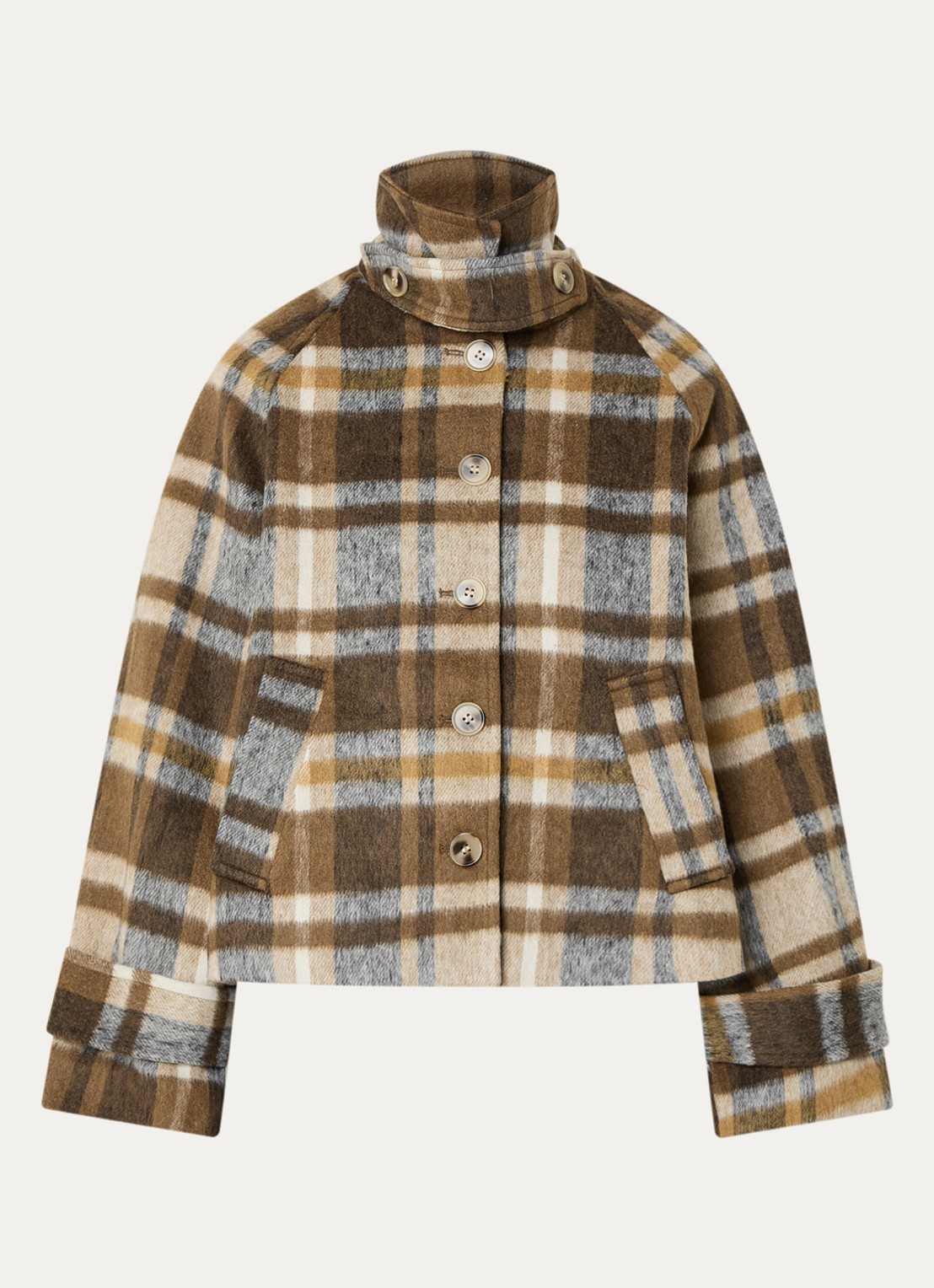 Neo Noir Quinn jack in wolblend met ruitdessin en opstaande kraag - voorkant 3 camel