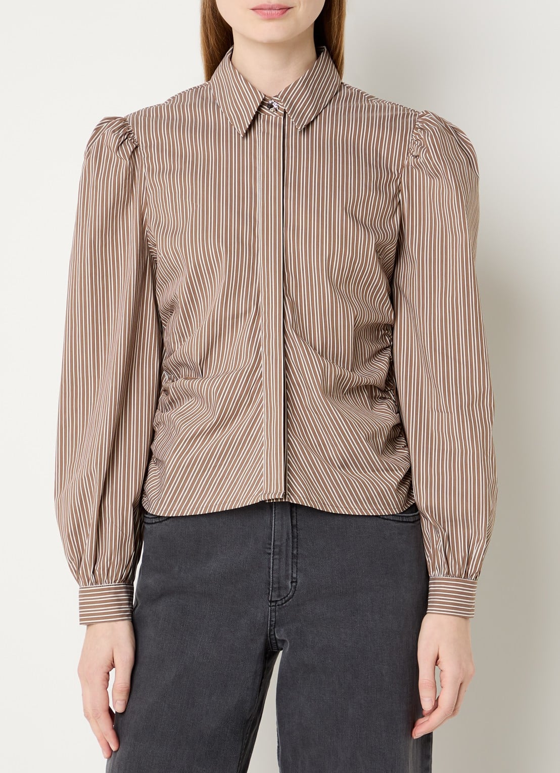 Neo Noir Ritta blouse met smockwerk en streepprint - detail 4 lichtbruin