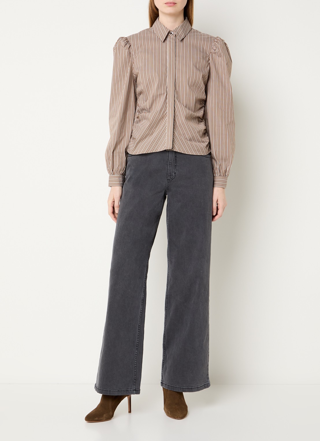 Neo Noir Ritta blouse met smockwerk en streepprint - voorkant 2 lichtbruin