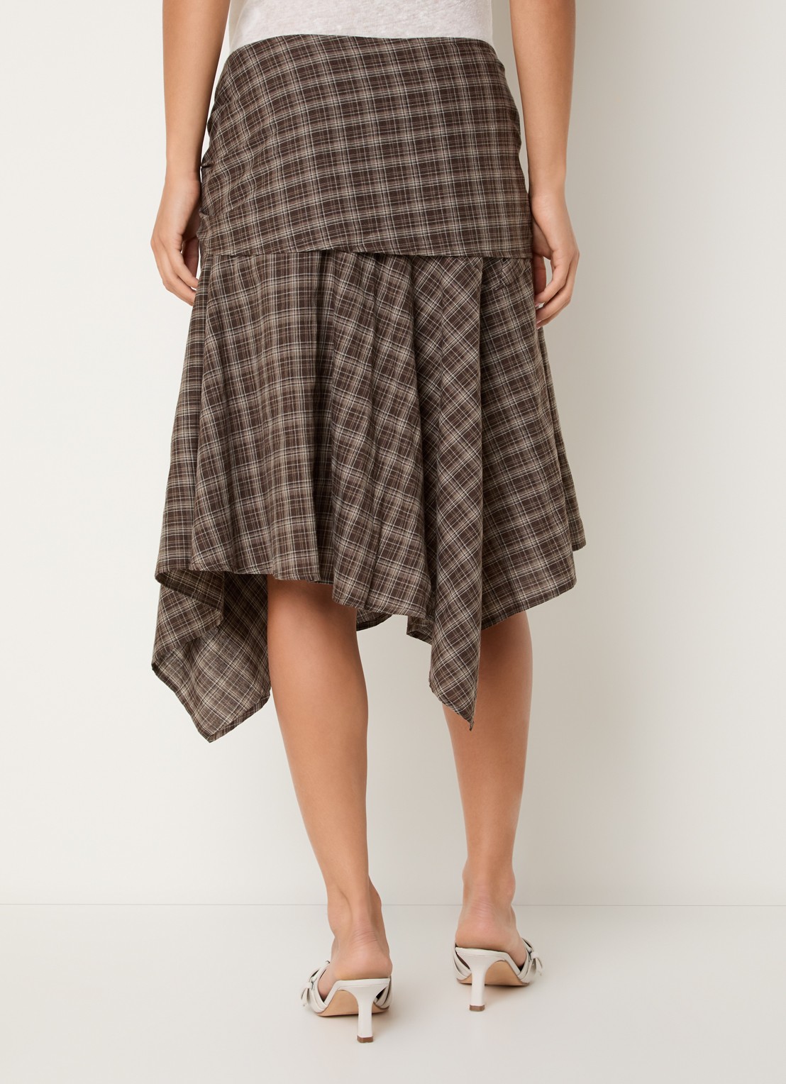 Neo Noir Sabella asymmetrische midi rok met ruitdessin en geknoopt detail - achterkant 4 lichtbruin