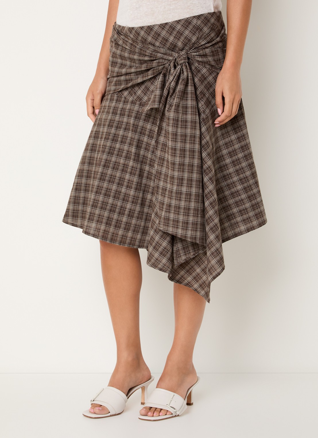 Neo Noir Sabella asymmetrische midi rok met ruitdessin en geknoopt detail - detail lichtbruin