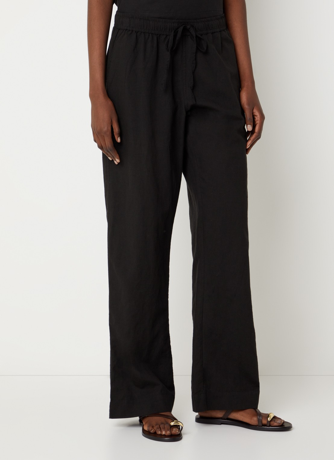 Neo Noir Sonar mid waist loose fit broek van linnen met steekzakken - detail zwart