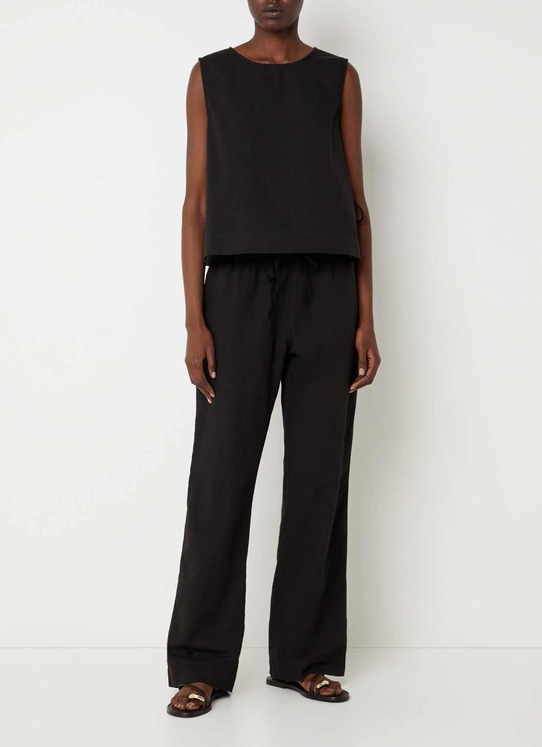 Neo Noir Sonar mid waist loose fit broek van linnen met steekzakken - voorkant 4 zwart