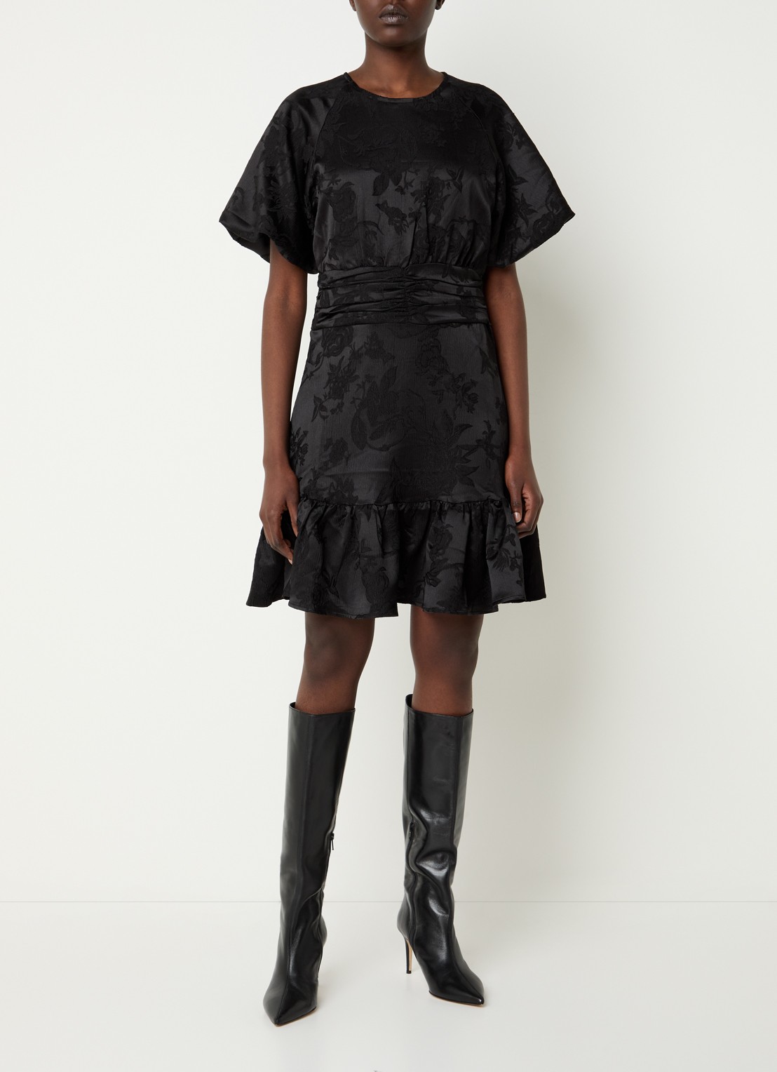 Neo Noir Sulli mini tuniekjurk met jacquard dessin en smockwerk - voorkant 2 zwart