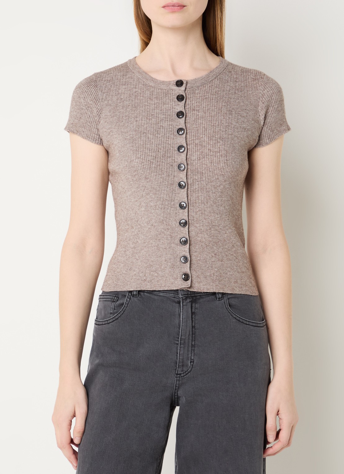 Neo Noir Todda ribgebreide top met gemêleerd dessin - detail zand