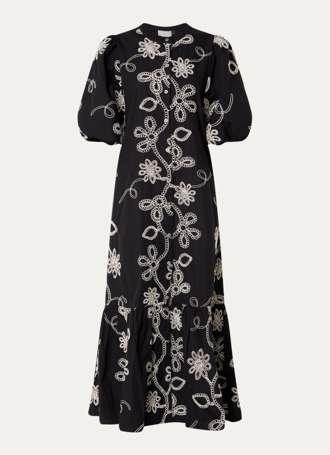 Neo Noir Veronica maxi blousejurk met bloemborduring en pofmouw - voorkant 3 zwart