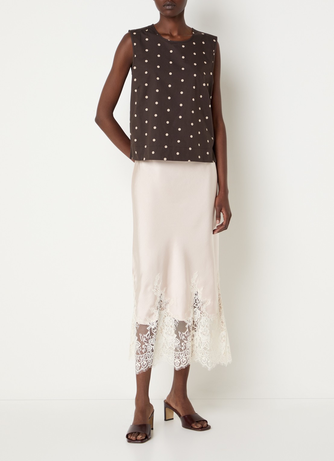 Neo Noir Yelina midi rok van satijn met details van kant - voorkant 4 creme