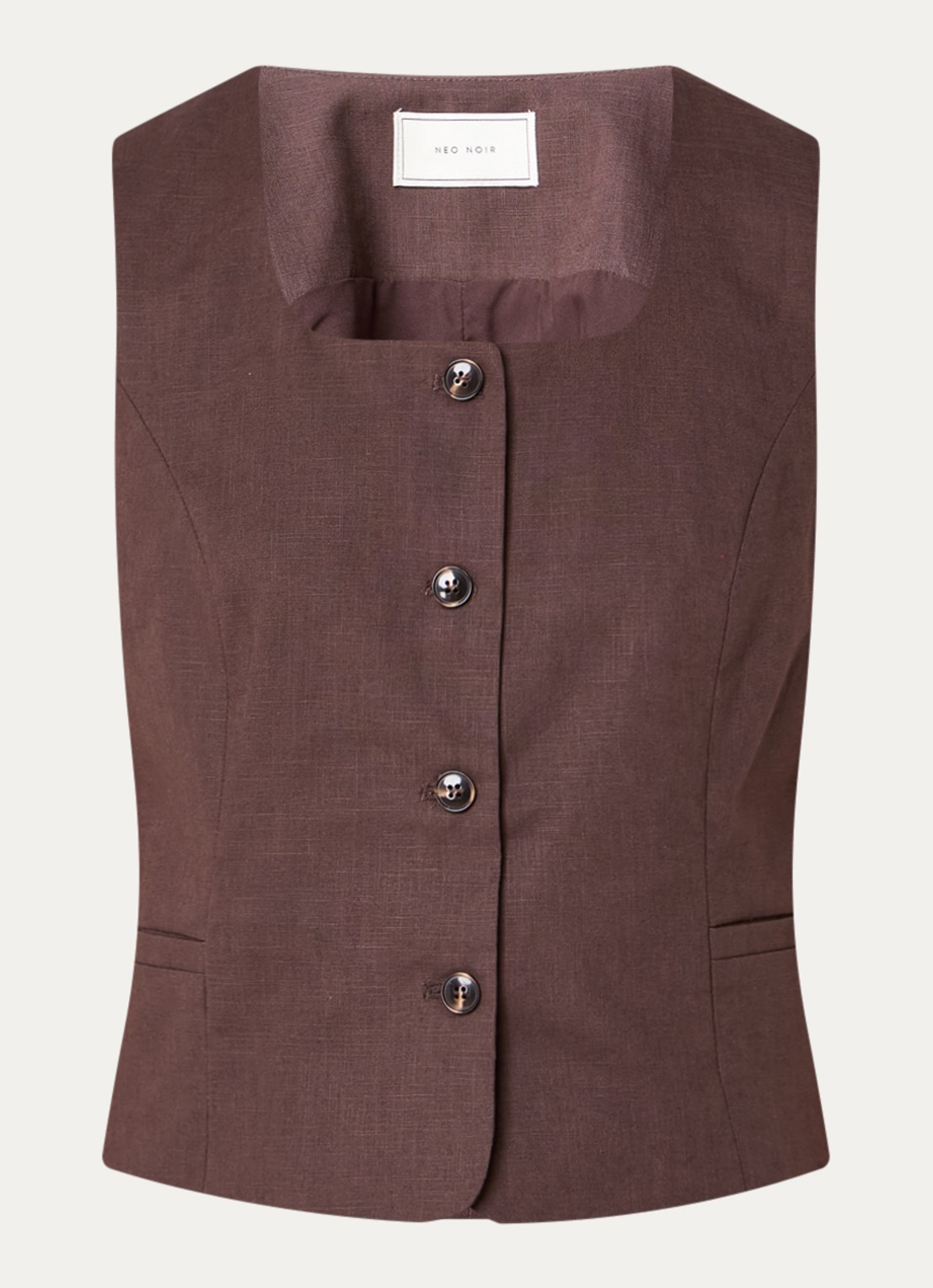 Neo Noir Yula gilet in linnenblend - voorkant 3 donkerbruin