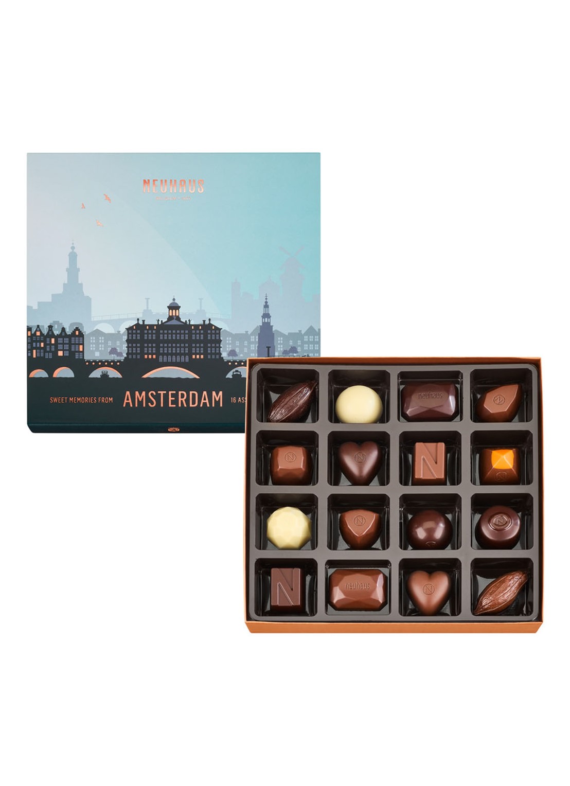 Neuhaus Amsterdam Souvenir Box bonbons 16 stuks  - voorkant 2 lichtblauw
