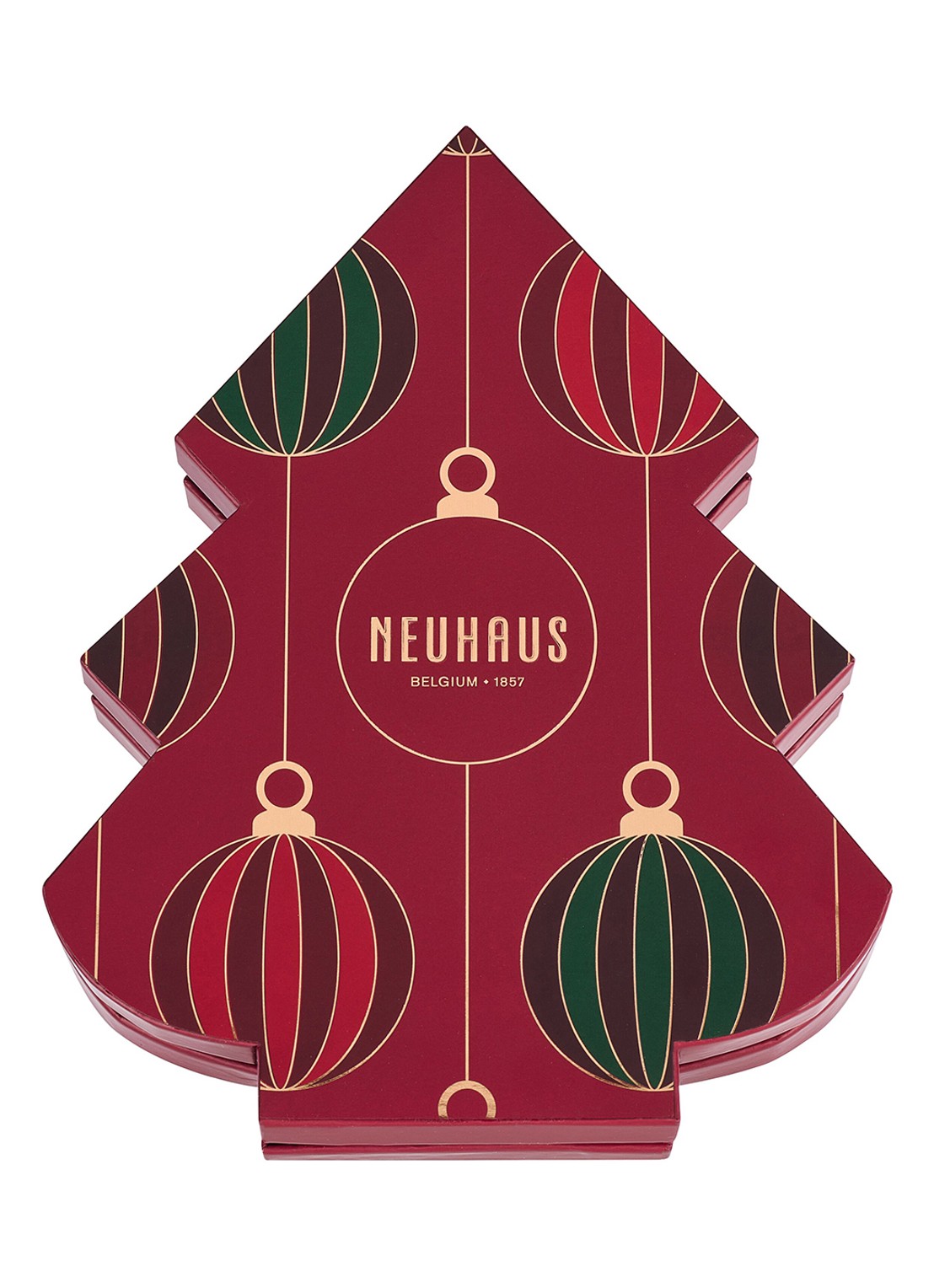 Neuhaus Kerstboom chocolade bonbons in geschenkverpakking 16 stuks - voorkant 2 rood