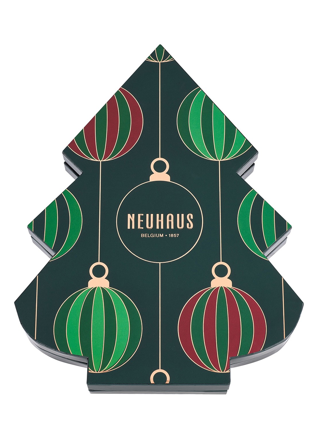 Neuhaus Kerstboom chocolade bonbons in geschenkverpakking 27 stuks - voorkant 3 donkergroen