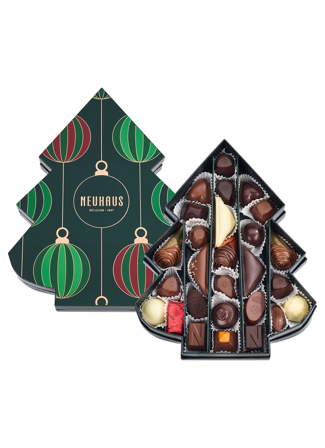 Neuhaus Kerstboom chocolade bonbons in geschenkverpakking 27 stuks - voorkant 4 donkergroen