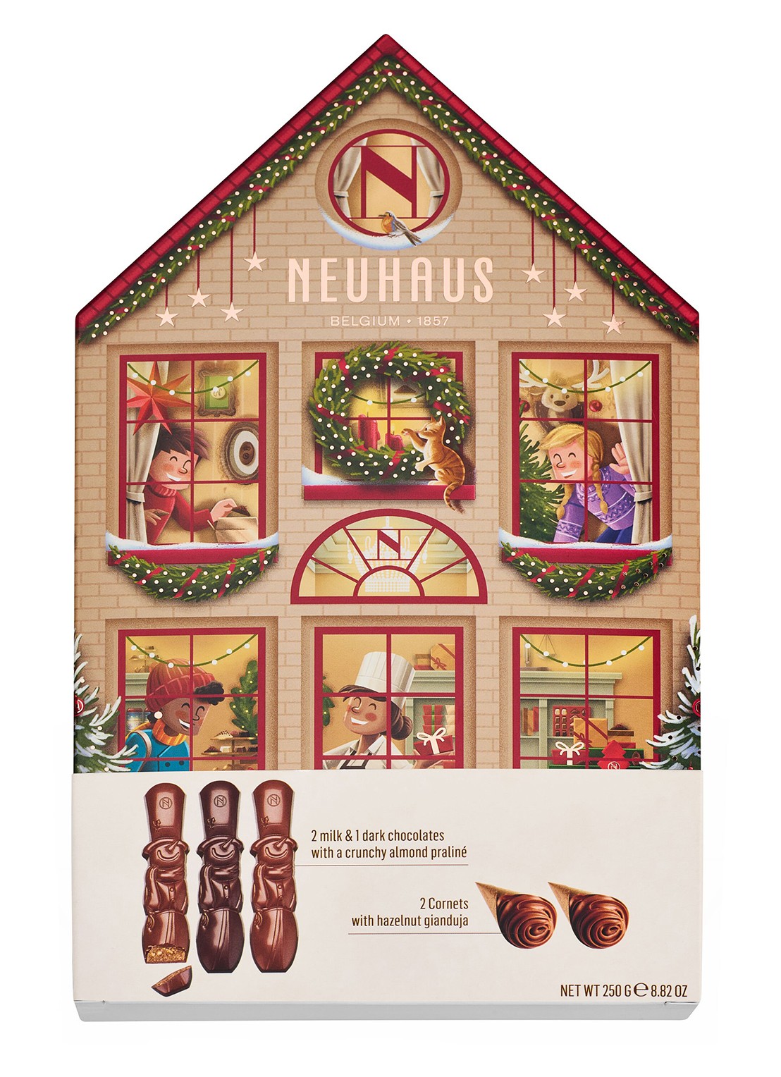 Neuhaus Kersthuis chocolade in geschenkverpakking 5 stuks - voorkant bruin