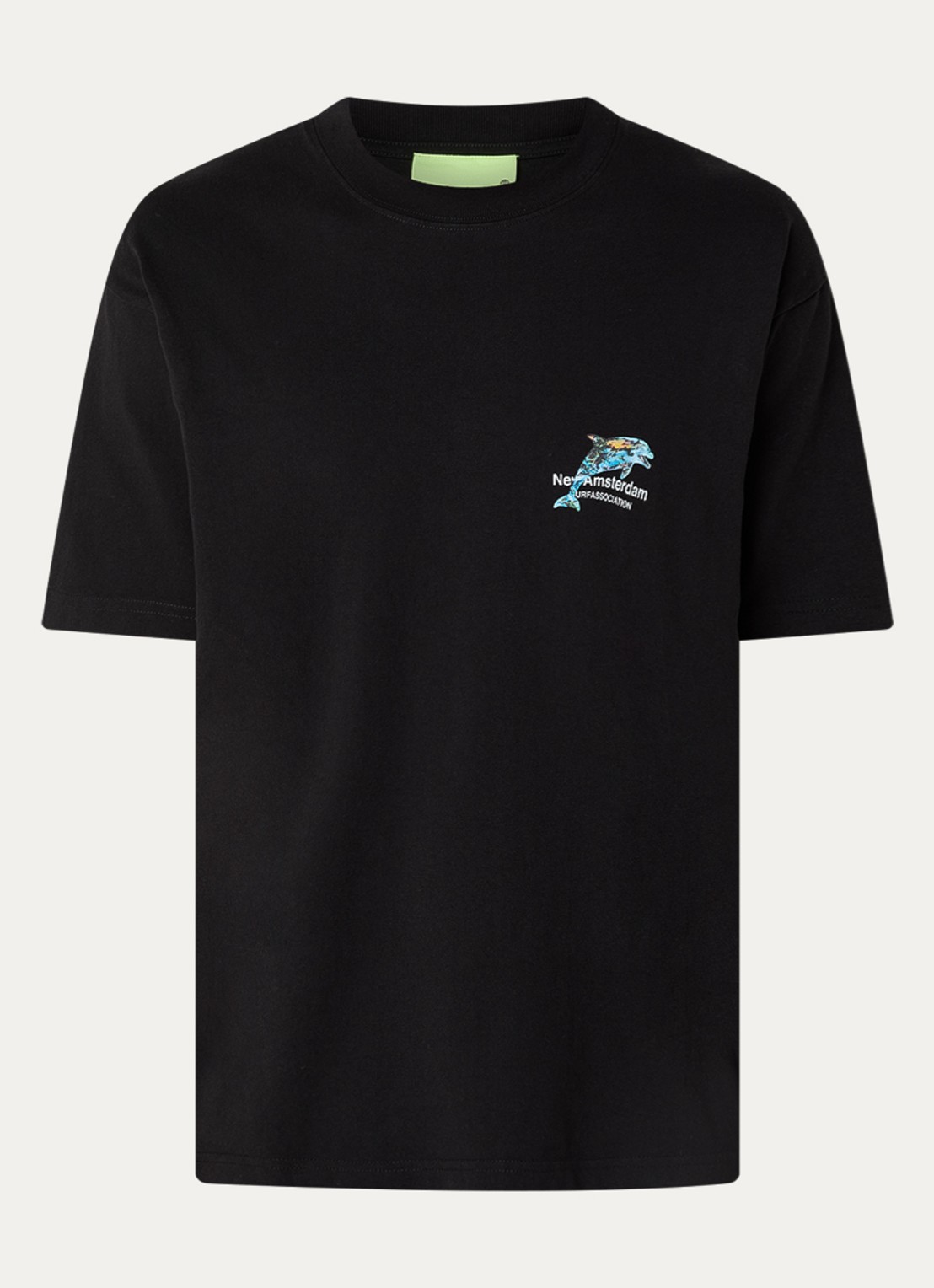 New Amsterdam Surf Association Dolphin T-shirt met logo- en backprint - voorkant 3 zwart