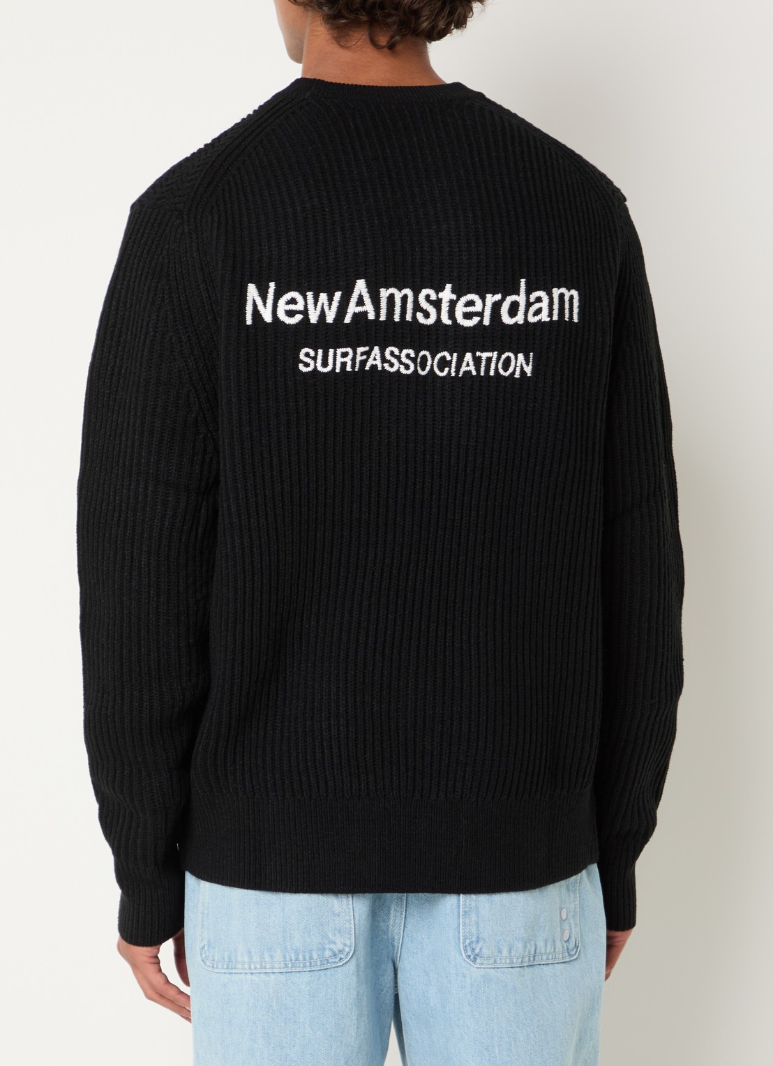 New Amsterdam Surf Association Grofgebreide trui met logo- en backprint - detail zwart