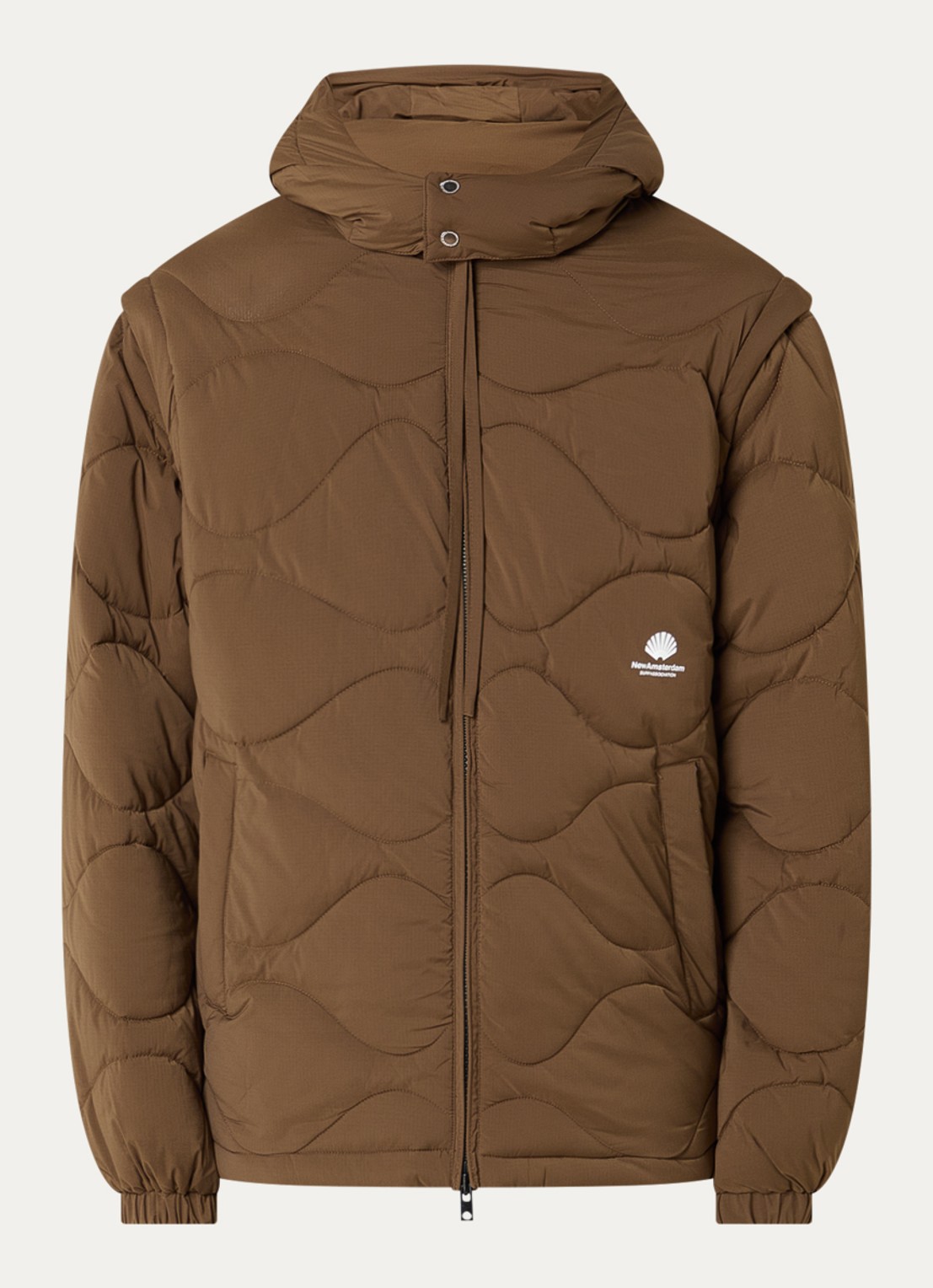 New Amsterdam Surf Association Puffer jack met quilt patroon en logoborduring - voorkant 2 bruin