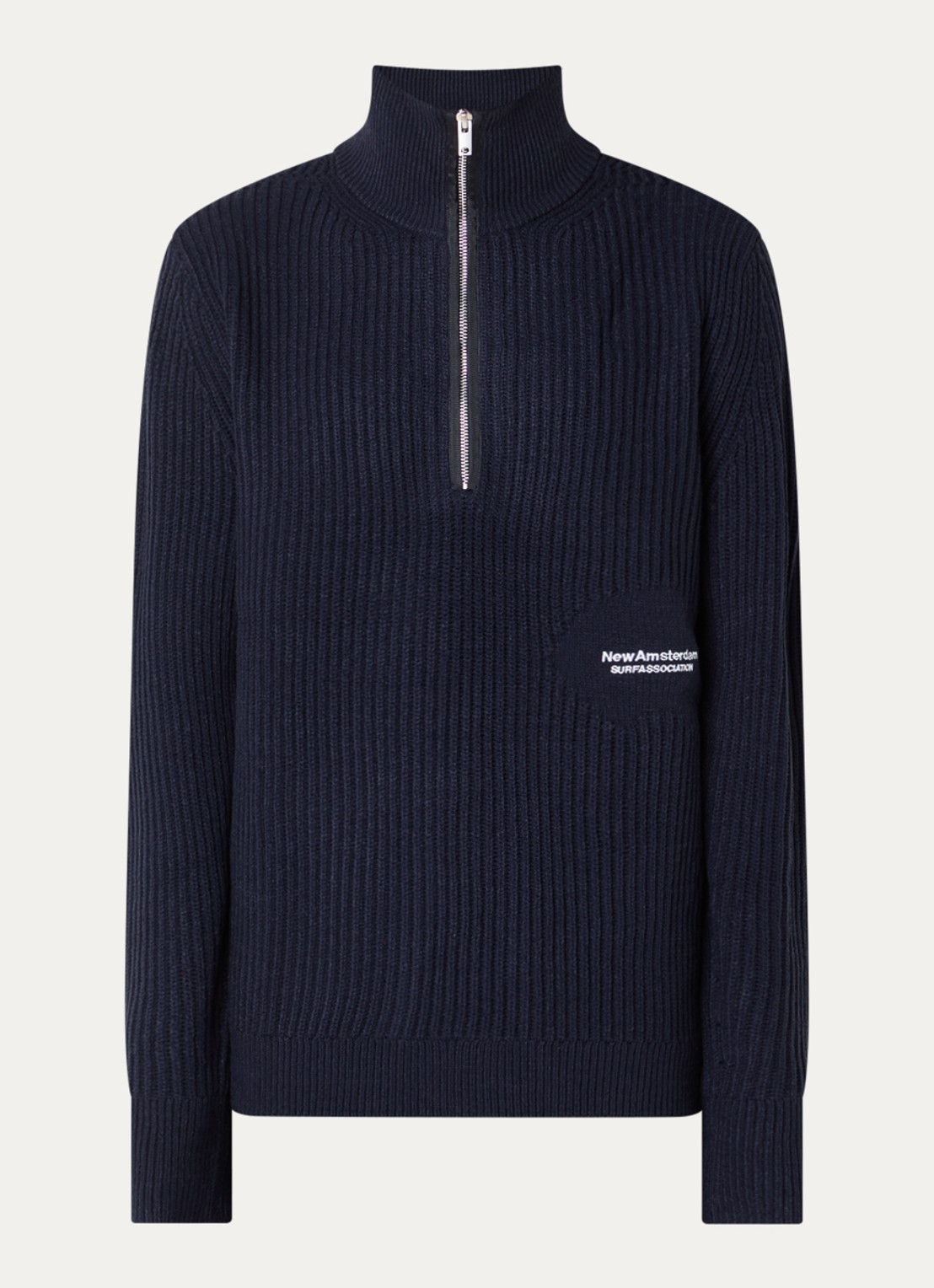 New Amsterdam Surf Association Ribgebreide trui met halve rits - voorkant 3 beige