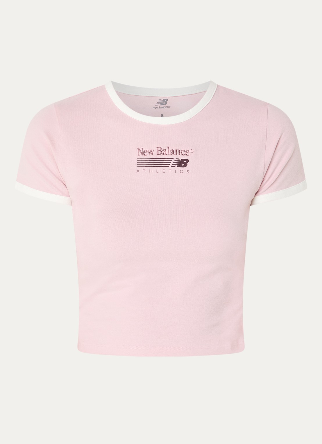 New Balance Ringer cropped T-shirt met logo - voorkant roze